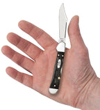 Case Jigged Buffalo Horn Mini CopperLock knife held in a hand with clip blade open