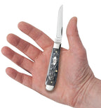  Case Gray Bone Mini Trapper pocket knife held in a hand with one blade open, showing its pocket size