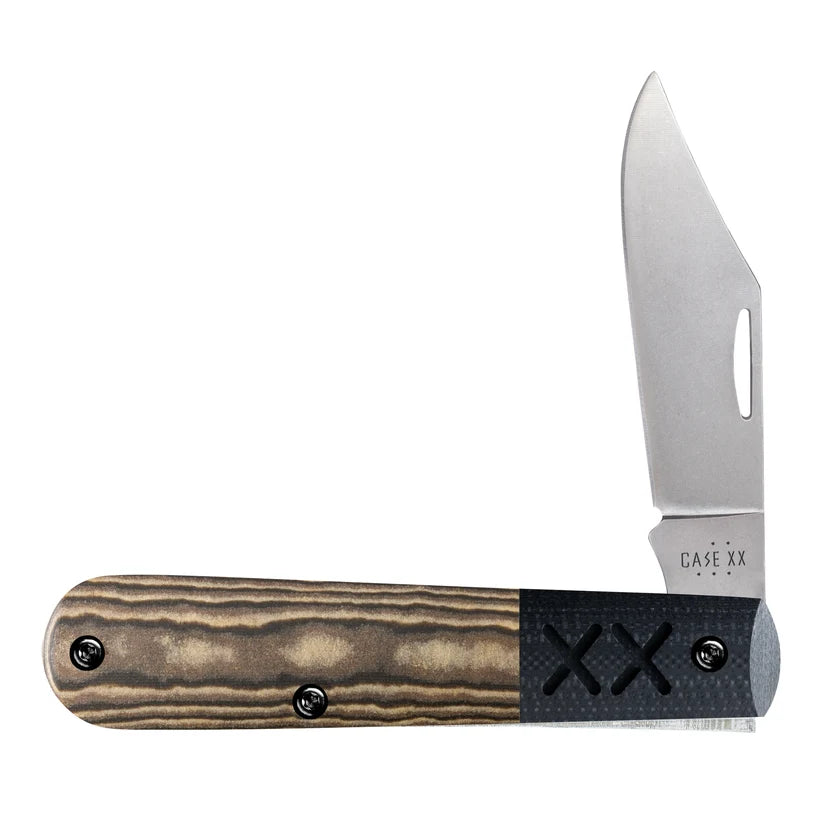 Open Case XR Barlow knife with striped Luna Richlite handle and black XX bolster