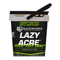 Backwoods Lazy Acre annual no-till food plot seed in a white bucket with a black lid, handle, and black and green label.