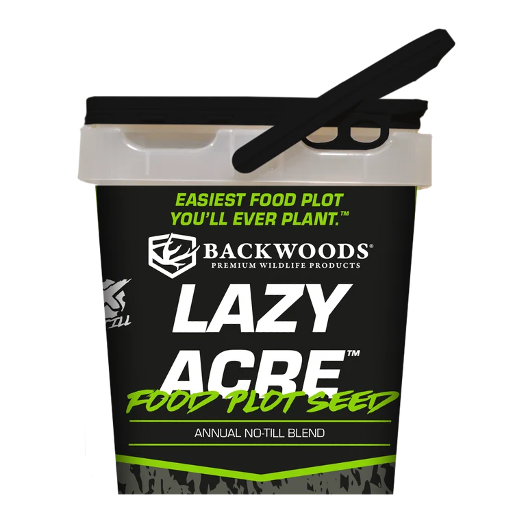 Backwoods Lazy Acre annual no-till food plot seed in a white bucket with a black lid, handle, and black and green label.