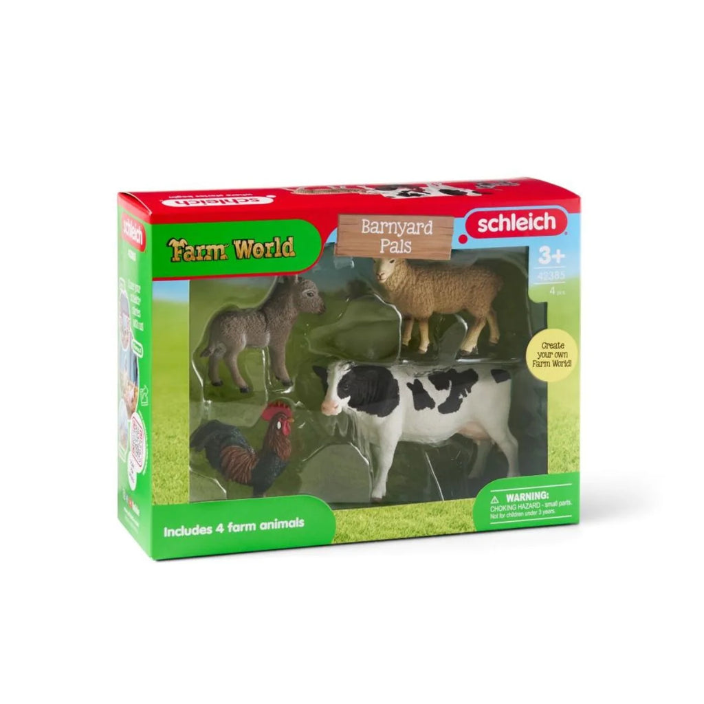 Schleich Farm World boxed set containing four farm animal figures: donkey, sheep, rooster, and cow.