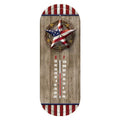 American Barnstar thermometer with a flag-patterned star, wood-look background, and red-and-white striped accents.