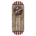 American Barnstar thermometer with a flag-patterned star, wood-look background, and red-and-white striped accents.