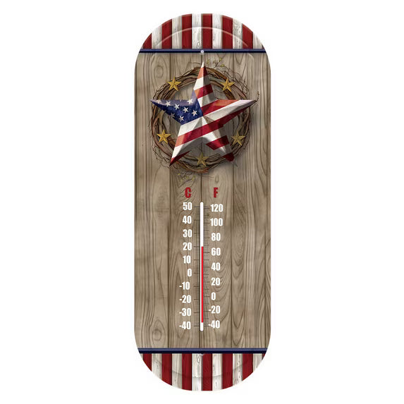 American Barnstar thermometer with a flag-patterned star, wood-look background, and red-and-white striped accents.