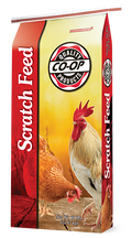 Co-op Scratch Feed bag with red and yellow packaging featuring a rooster and hen.