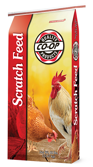 Co-op Scratch Feed bag with red and yellow packaging featuring a rooster and hen.