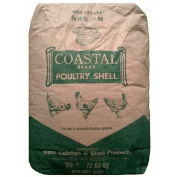 Brown and green Coastal Brand Poultry Shell 50 lb bag with chicken illustrations.