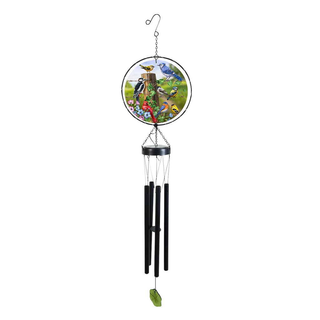 Country Birds wind chime with colorful birds on round glass, black metal chimes, and a green leaf-shaped wind catcher.