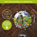 Close-up of Country Birds glass artwork surrounded by solar-powered LED lights, with an 8-inch diameter marked.