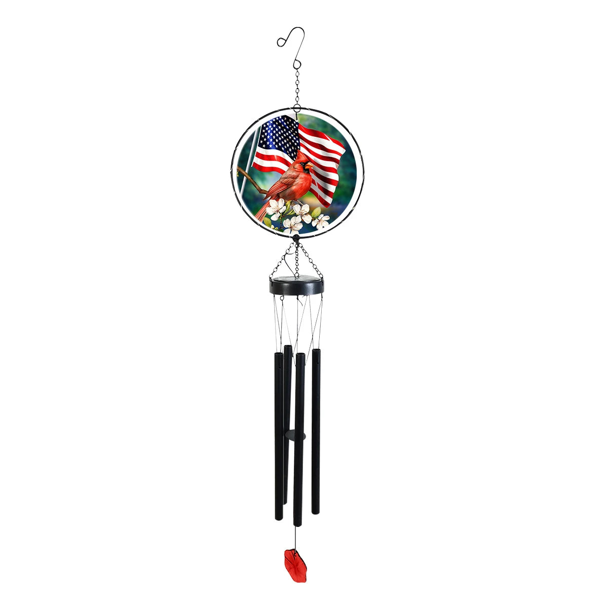 Briarwood Lane wind chime with cardinal and American flag glass artwork, black metal tubes, and a red leaf-shaped wind catcher.