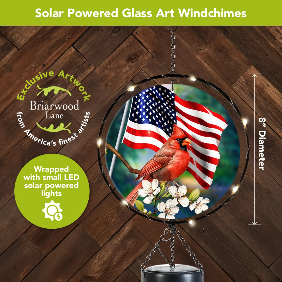  Close-up of cardinal and American flag glass artwork surrounded by solar LED lights, with an 8-inch diameter marked