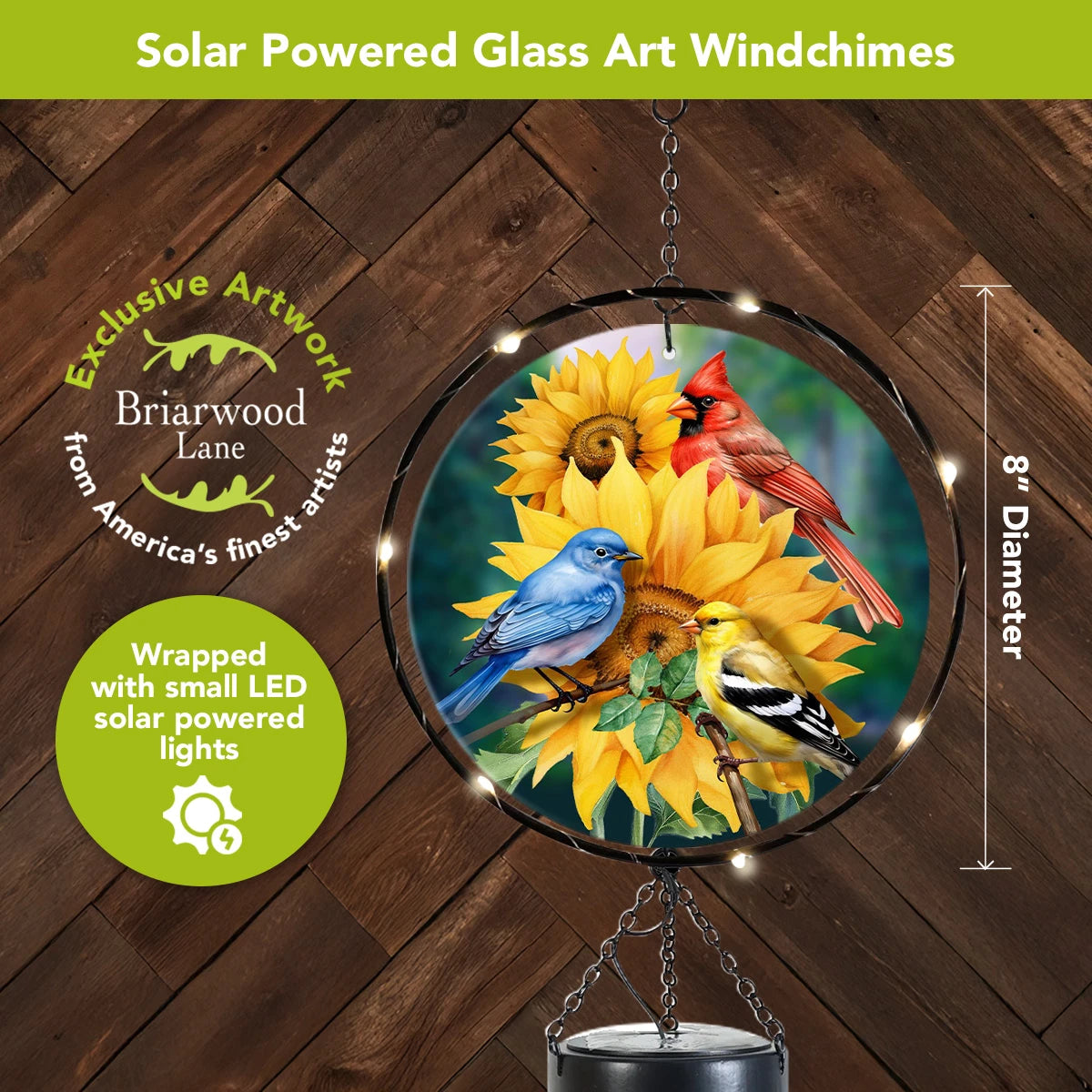 Close-up of bird and sunflower glass artwork surrounded by glowing LED lights, with an 8-inch diameter marked.