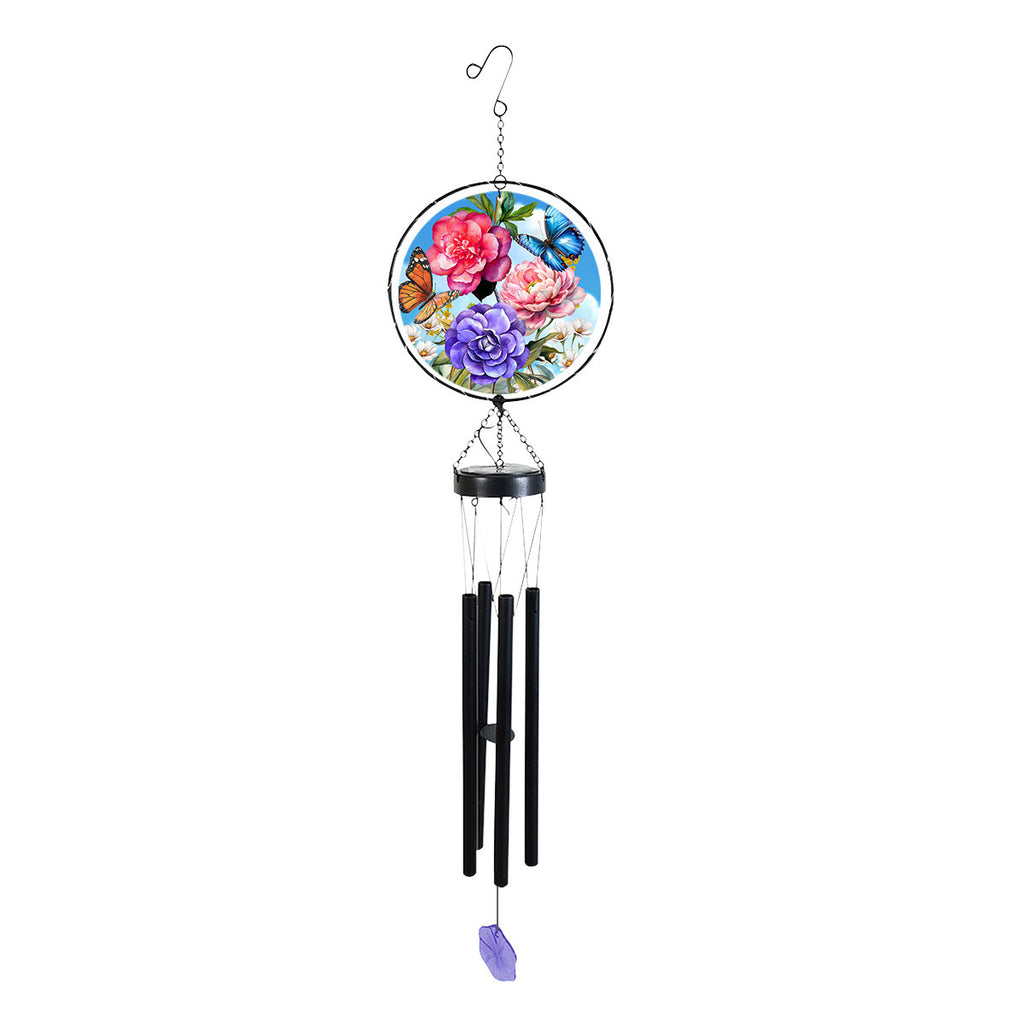 Briarwood Lane wind chime with butterfly and peony glass artwork, black metal chimes, and a purple hanging accent.