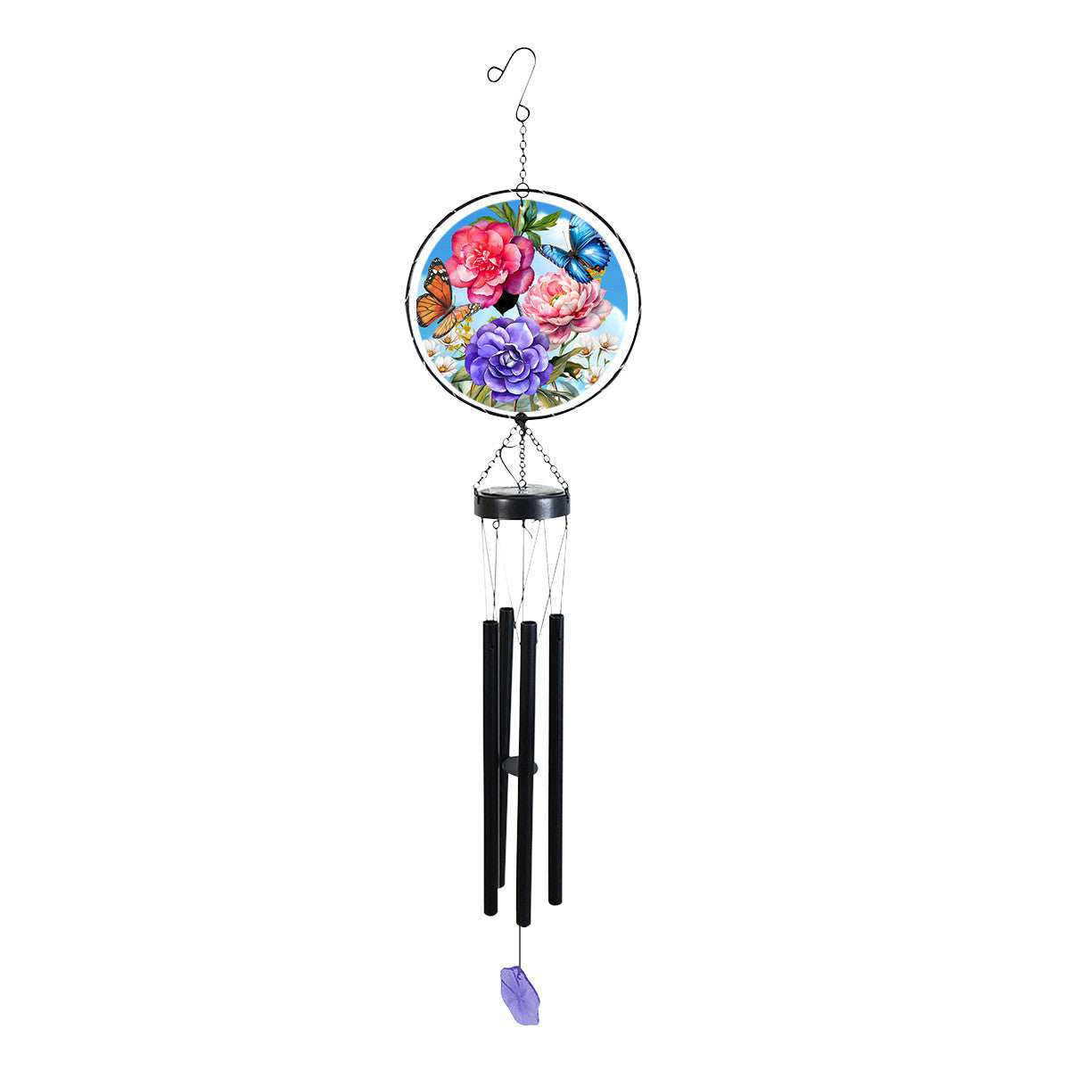 Briarwood Lane wind chime with butterfly and peony glass artwork, black metal chimes, and a purple hanging accent.