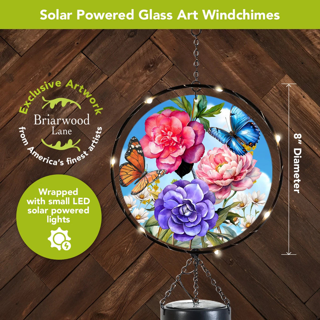  Butterfly and peony glass wind chime with glowing solar LED lights around the 8-inch circular frame.