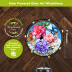  Butterfly and peony glass wind chime with glowing solar LED lights around the 8-inch circular frame.