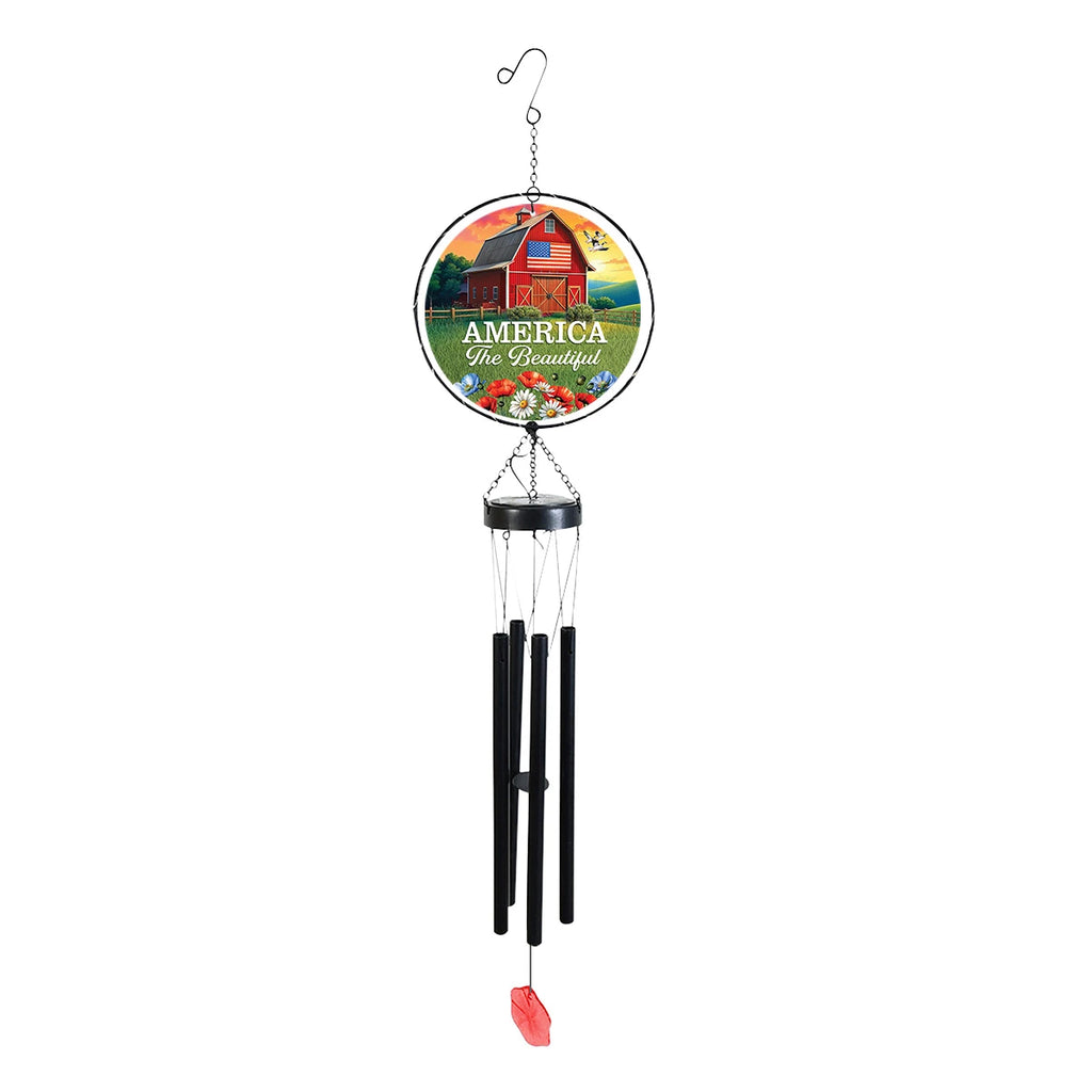  American Barn wind chime with red barn and American flag glass artwork, black metal chimes, and a red wind catcher