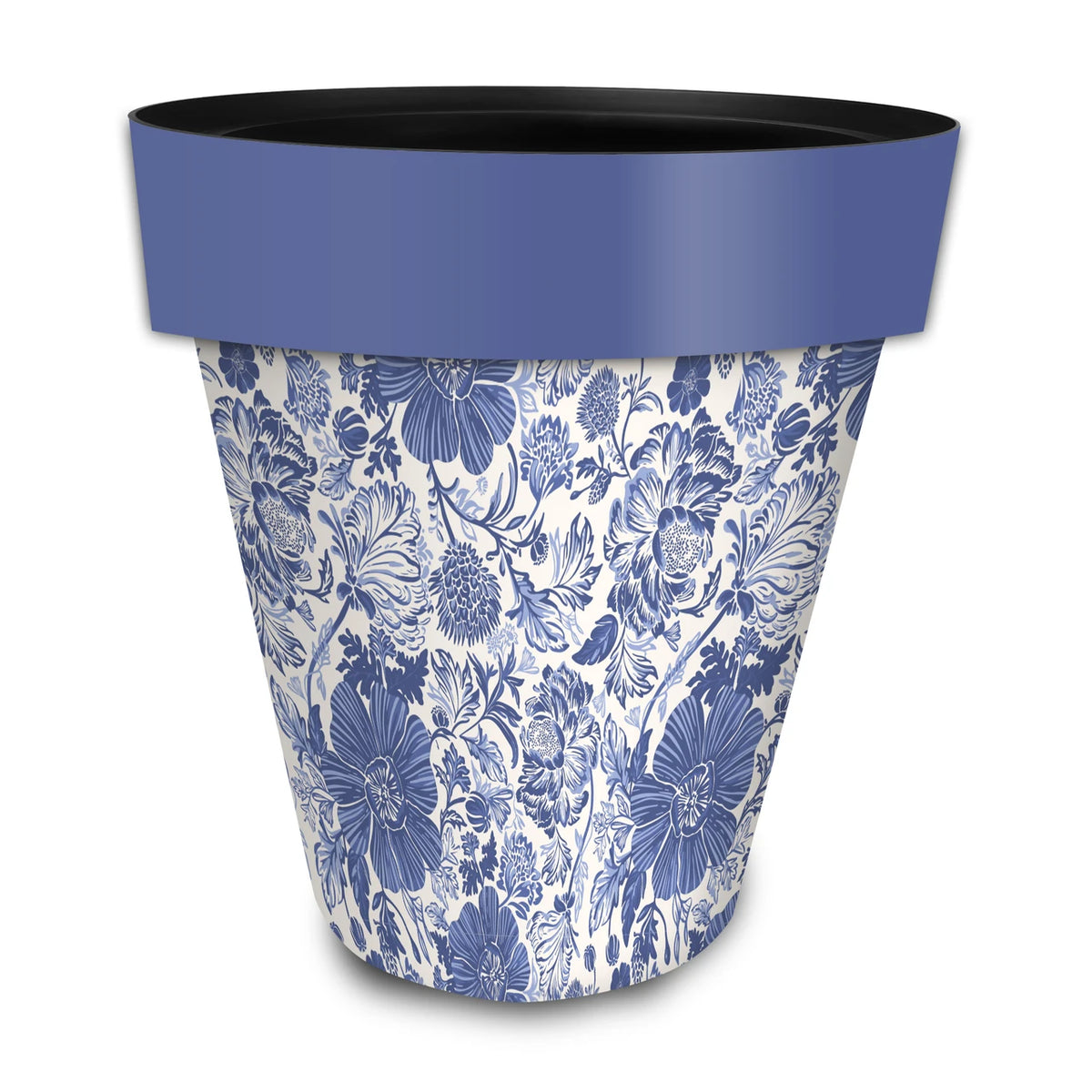Large decorative planter with a blue-and-white floral pattern and solid blue rim