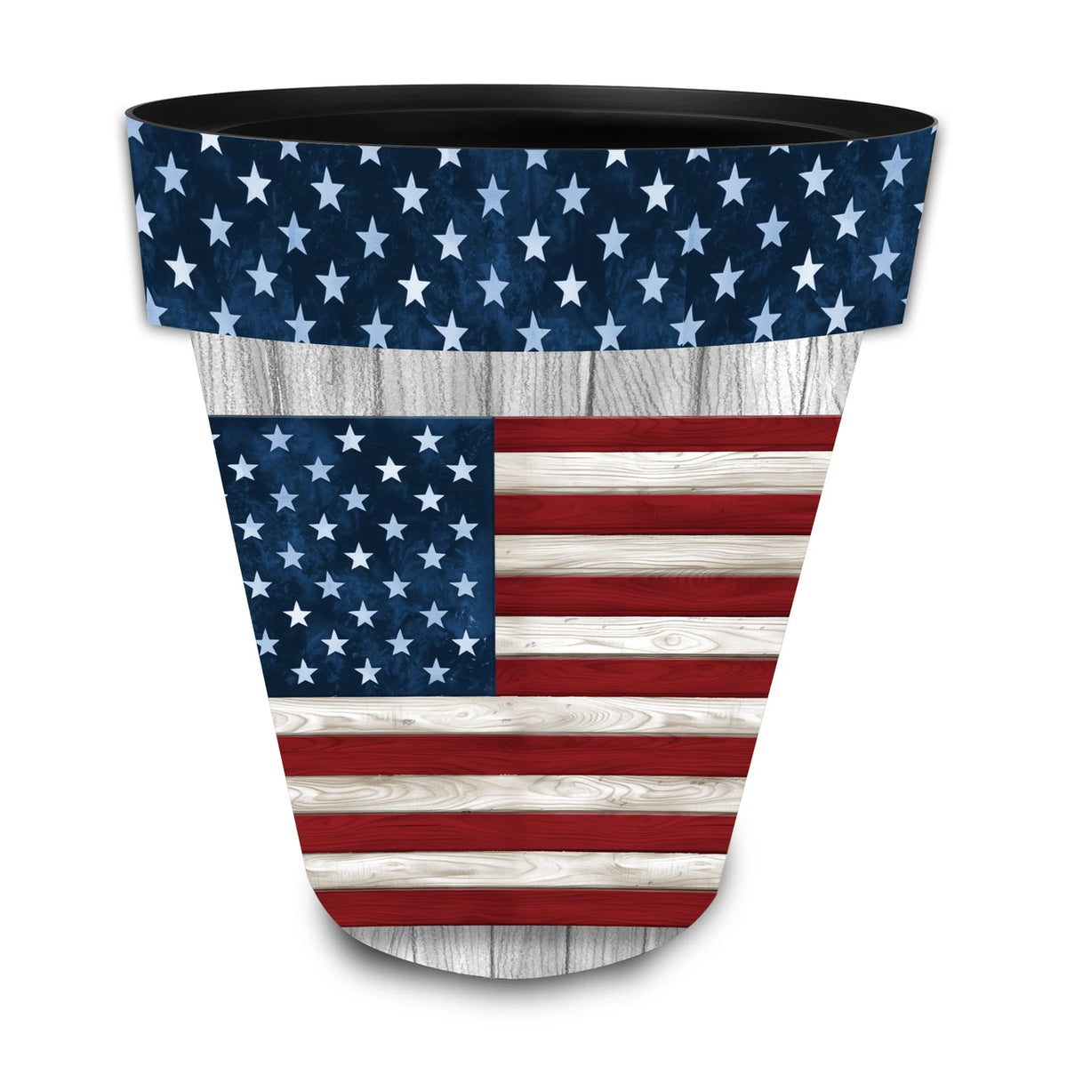 Large American flag planter with red and white woodgrain-style stripes and a blue star-patterned rim