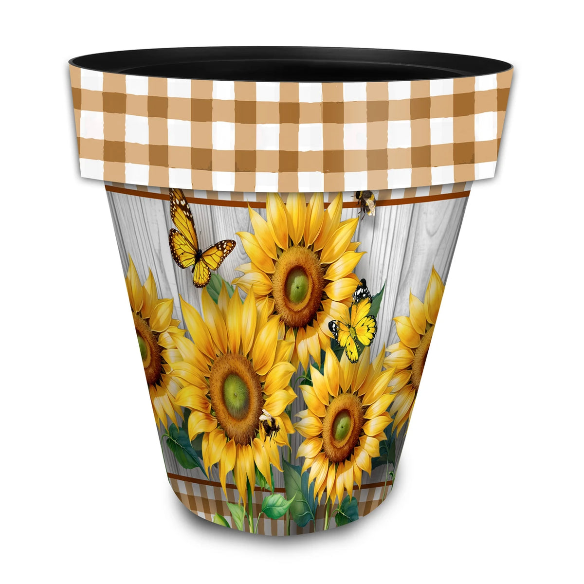 Large Sunflower Duo planter with yellow sunflowers, butterflies, a woodgrain background, and a tan-and-white gingham rim.