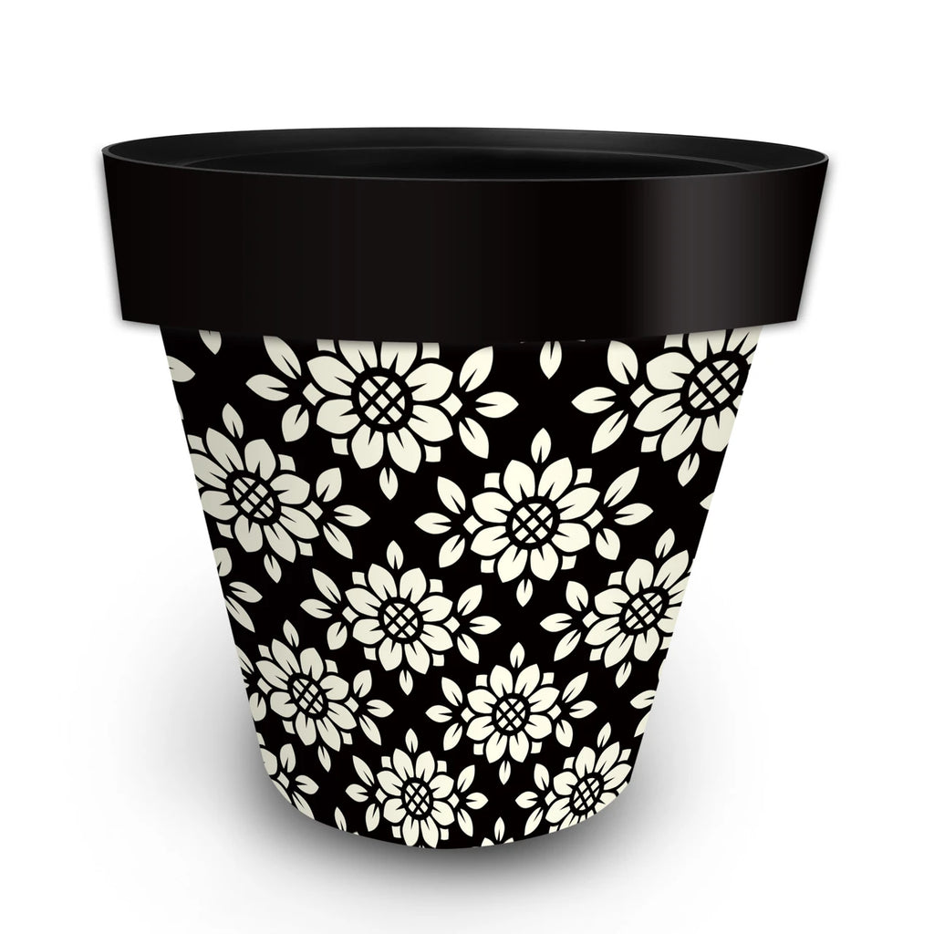 Briarwood Lane Geometric Floral Large Planter with cream floral patterns on a black pot.