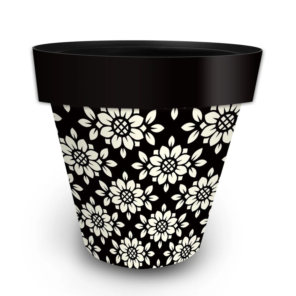 Briarwood Lane Geometric Floral Large Planter with cream floral patterns on a black pot.