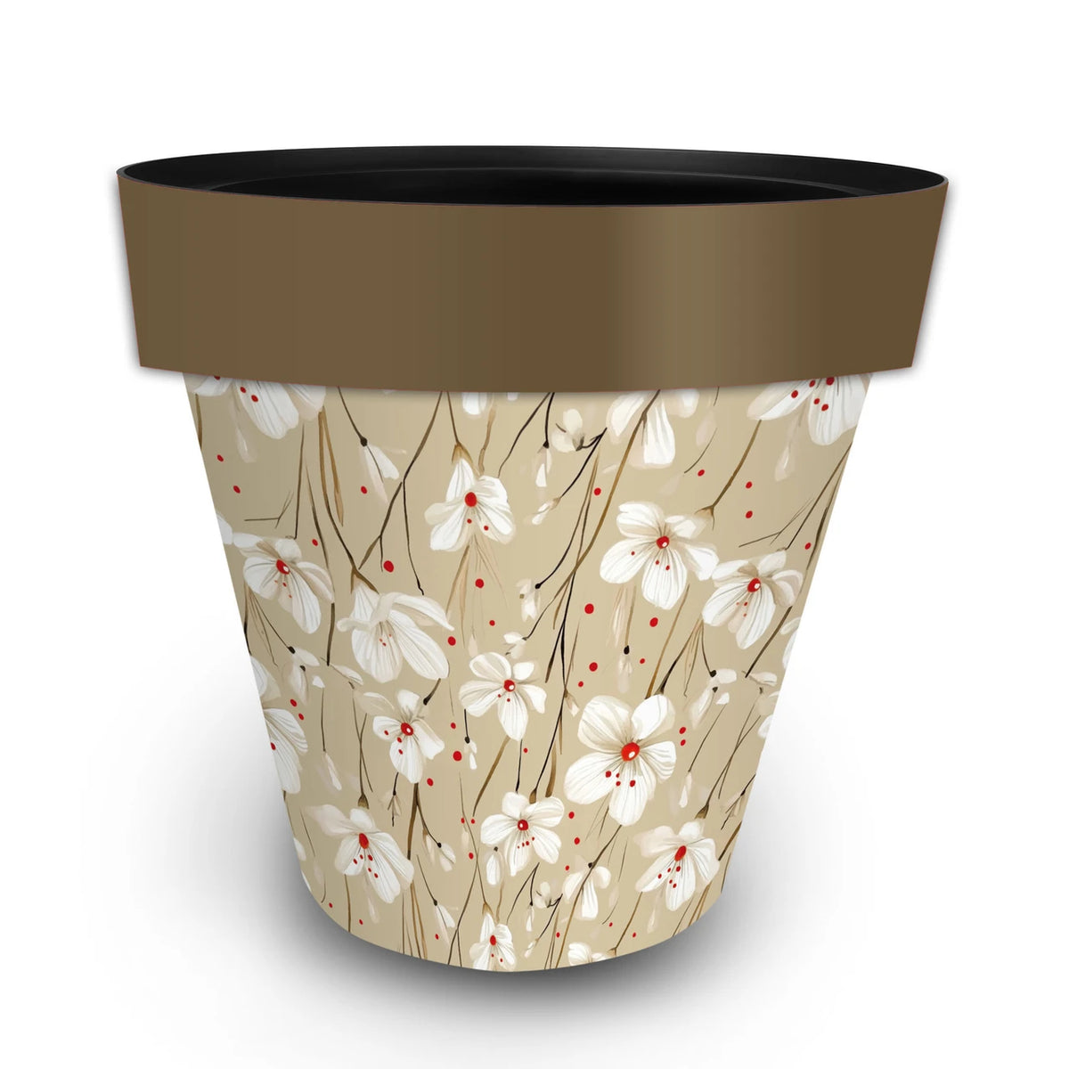 Large Briarwood Lane planter with white flowers, red accents, a tan background, and a brown rim.