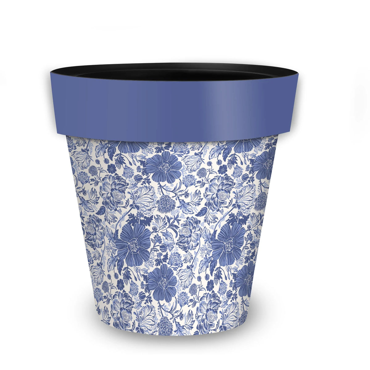 Medium decorative planter with a blue-and-white floral pattern and solid blue rim.