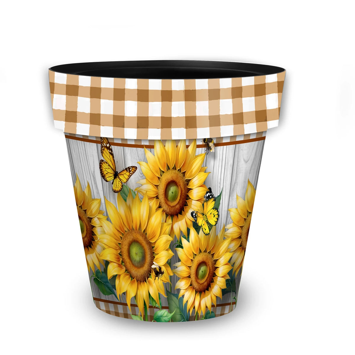 Medium Sunflower Duo planter with yellow sunflowers, butterflies, a woodgrain background, and a tan-and-white gingham rim.