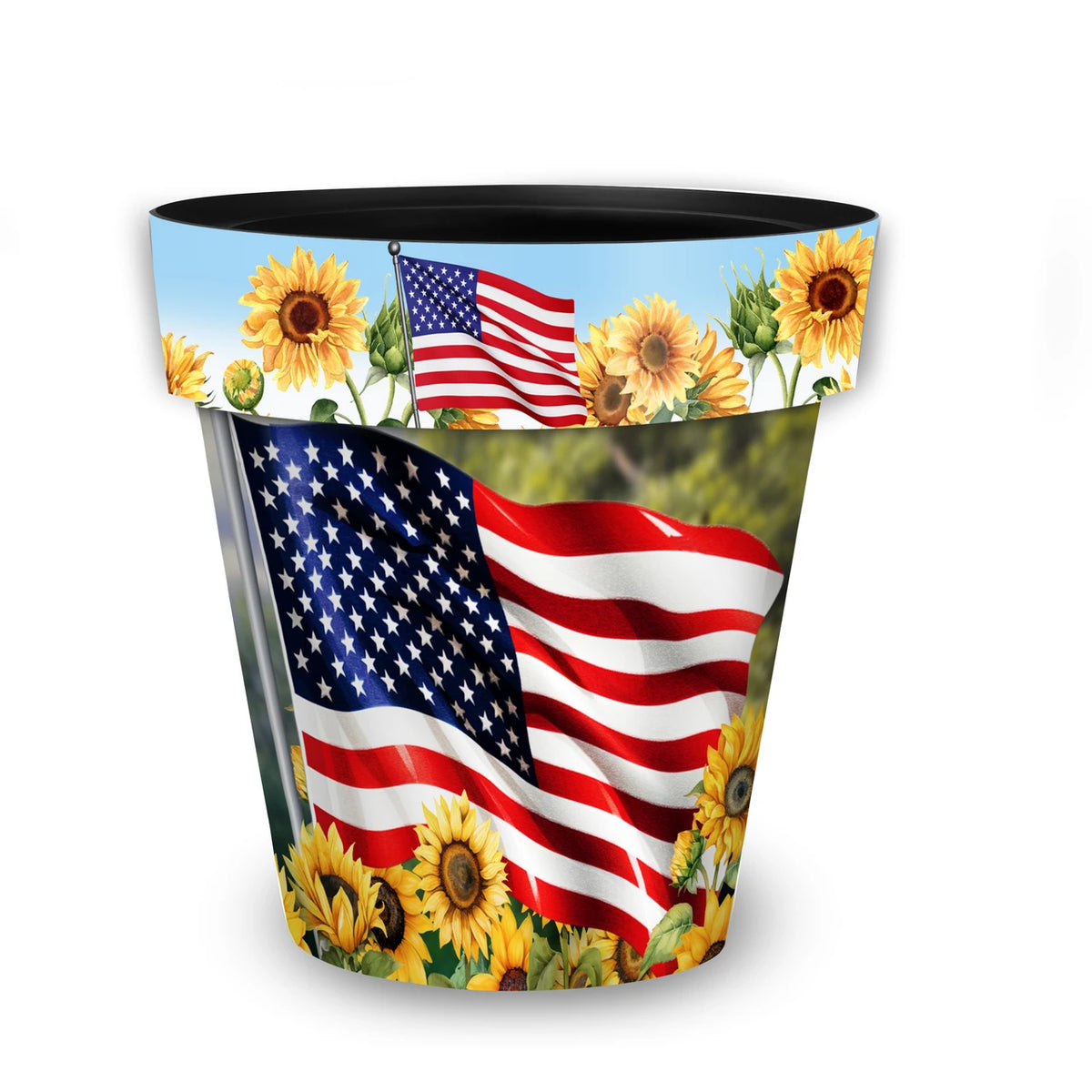 Briarwood Lane MEDIUM American Sunflowers planter with an American flag and yellow sunflower design.