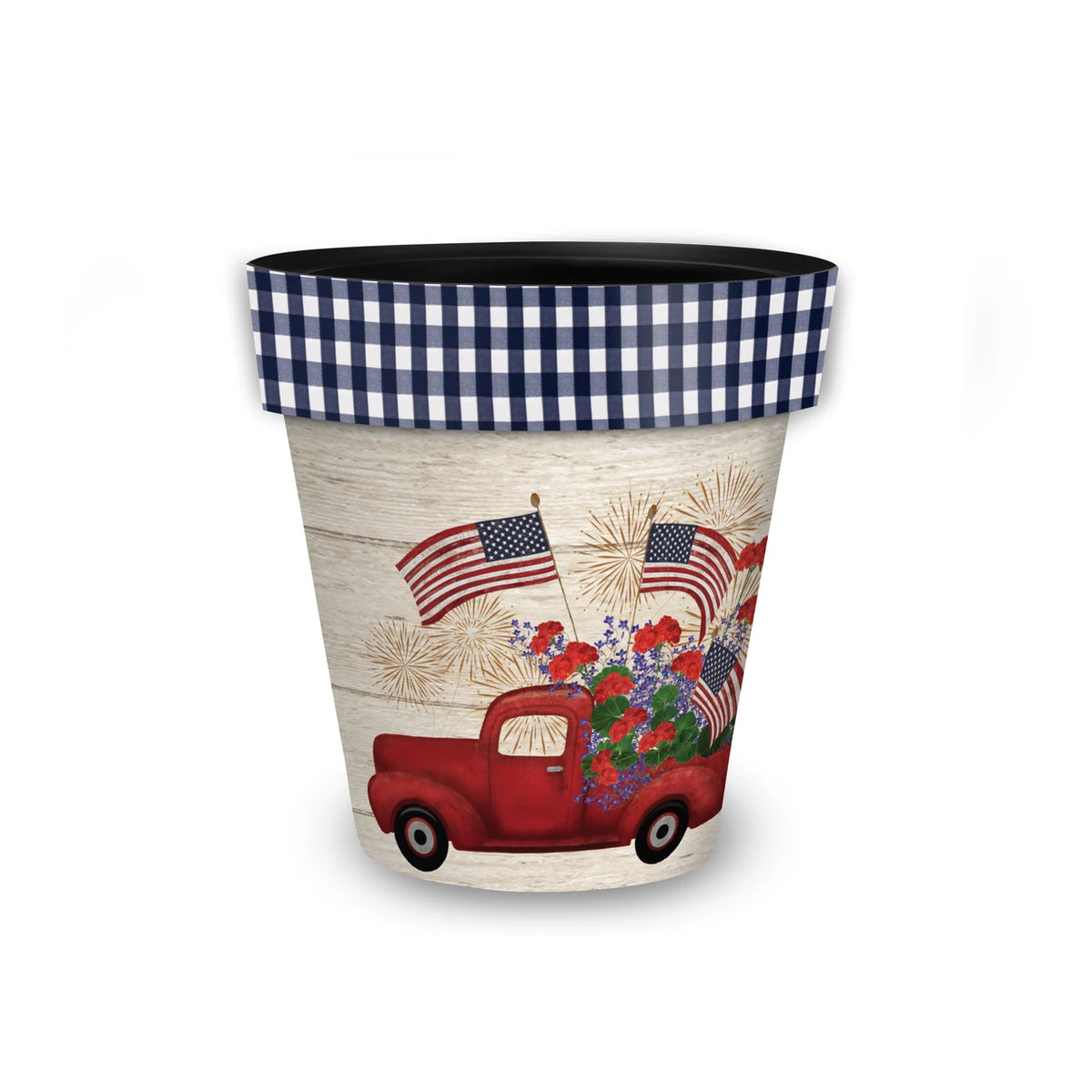Briarwood Lane Stars and Stripes Truck planter with a red pickup, American flags, flowers, and navy gingham rim