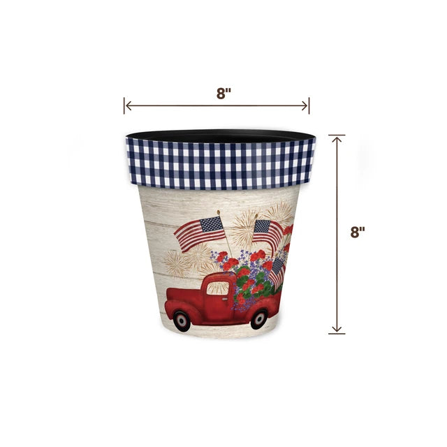 Stars and Stripes Truck planter with dimension arrows labeled 8 inches wide and 8 inches tall.