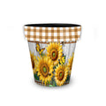 Briarwood Lane Sunflower Duo planter with yellow sunflowers, butterflies, a woodgrain-style background, and a tan gingham rim.