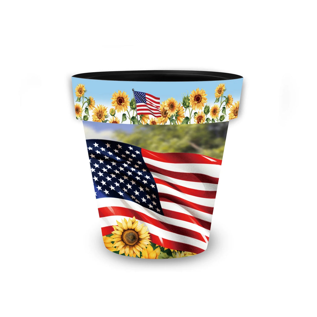Briarwood Lane American Sunflowers planter featuring a waving American flag, yellow sunflowers, and a coordinating blue rim.