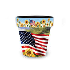 Briarwood Lane American Sunflowers planter featuring a waving American flag, yellow sunflowers, and a coordinating blue rim.