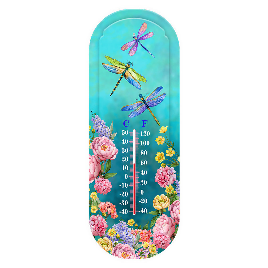 Briarwood Lane turquoise metal thermometer with three colorful dragonflies, flowers, and Celsius and Fahrenheit scales.