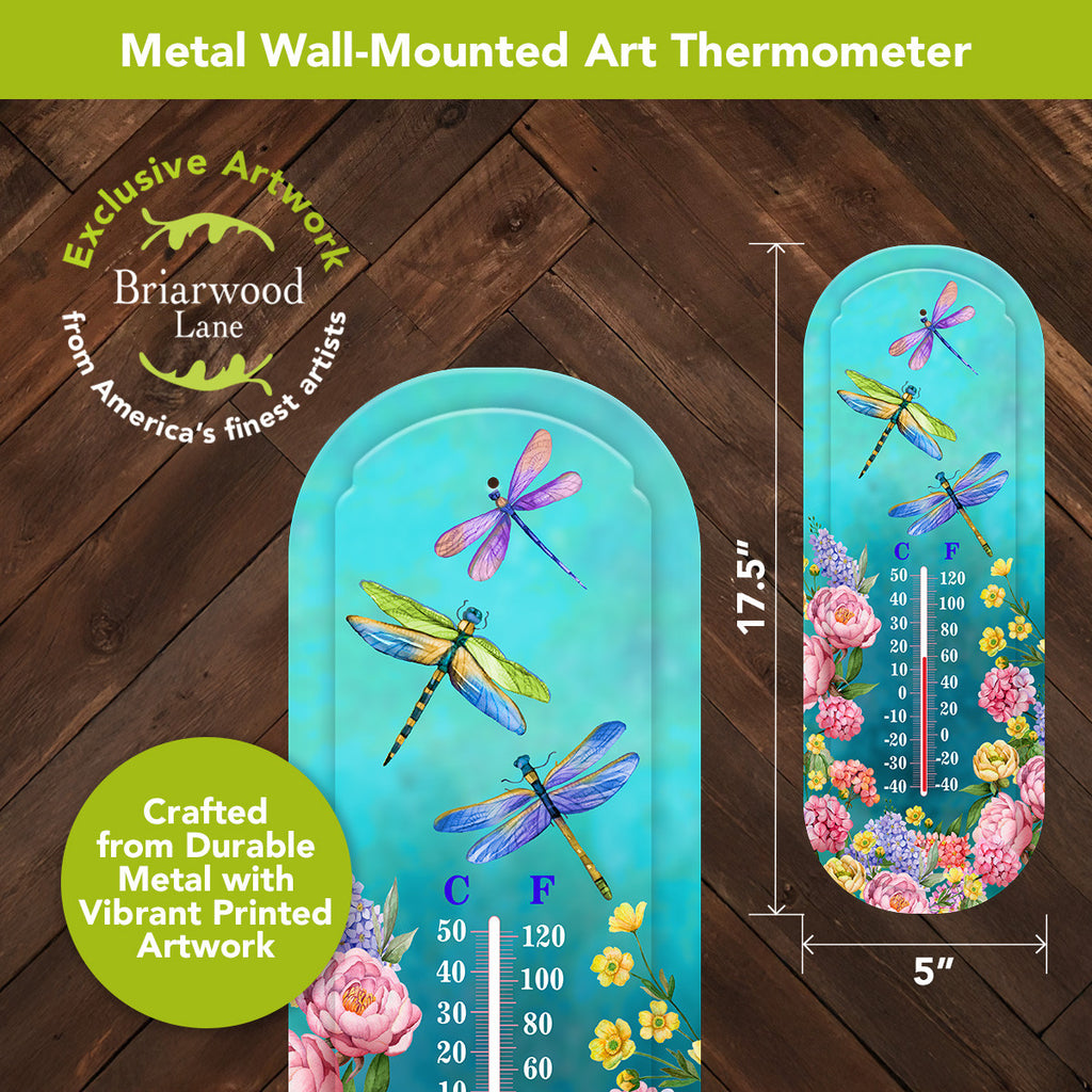 Dragonfly Garden metal thermometer detail and size diagram showing 17.5 inches tall by 5 inches wide.