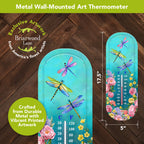 Dragonfly Garden metal thermometer detail and size diagram showing 17.5 inches tall by 5 inches wide.