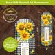 Front and back views of the Checkered Sunflowers metal thermometer on a wood background.