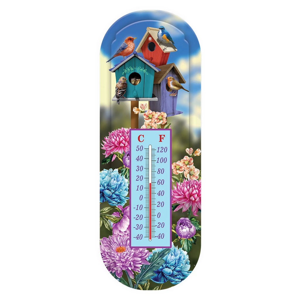 Metal thermometer with colorful birdhouses, perched birds, pink and blue flowers, and Celsius and Fahrenheit scales.