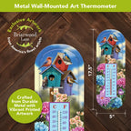 Briarwood Lane birdhouse thermometer with birds and colorful flowers; size diagram shows 17.5 inches tall by 5 inches wide