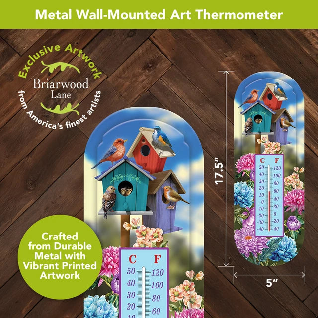 Briarwood Lane birdhouse thermometer with birds and colorful flowers; size diagram shows 17.5 inches tall by 5 inches wide
