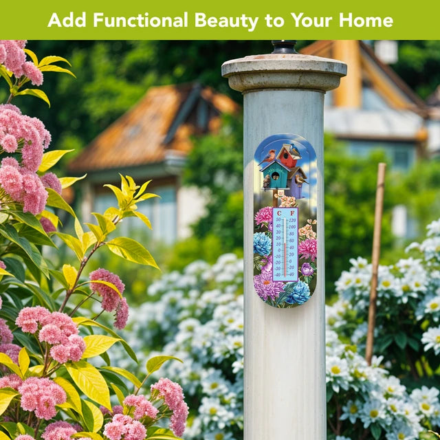 Colorful birdhouse and floral metal thermometer mounted on a white garden post surrounded by blooming flowers.