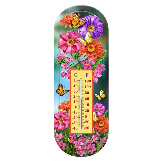 Zinnias in Bloom metal thermometer with colorful flowers, butterflies, and Celsius and Fahrenheit scales