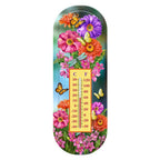 Zinnias in Bloom metal thermometer with colorful flowers, butterflies, and Celsius and Fahrenheit scales