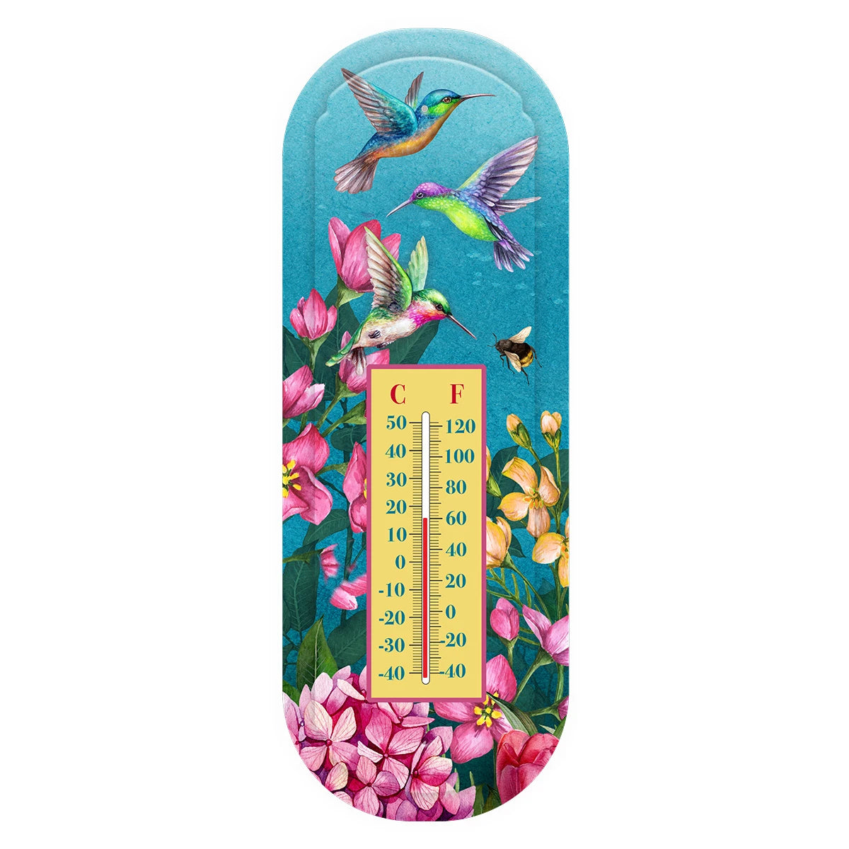 Metal thermometer with colorful hummingbirds, pink and yellow flowers, and Celsius and Fahrenheit scales on a turquoise background.