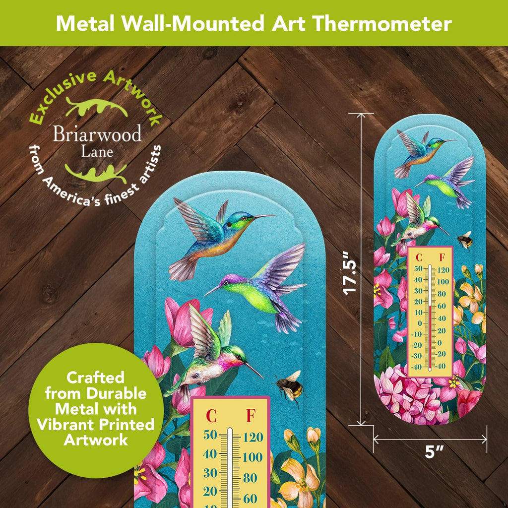Briarwood Lane hummingbird metal thermometer with a size diagram showing 17.5 inches tall by 5 inches wide.
