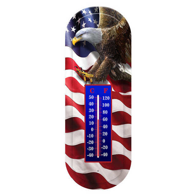 Main image: “Freedom Eagle metal thermometer with a bald eagle, American flag design, and Fahrenheit and Celsius scales.”