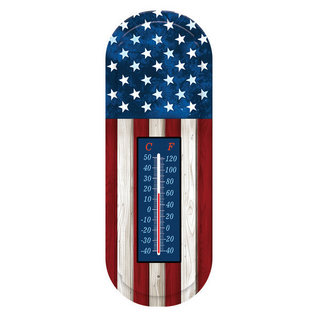 Main product photo: “Briarwood Lane American flag metal thermometer with red and white stripes, blue stars, and Fahrenheit and Celsius scales.”
